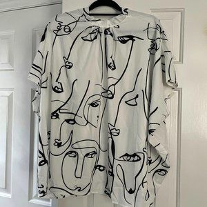 Avante Garde Drapey Top with Modern Art Faces - White and Black, Size Large